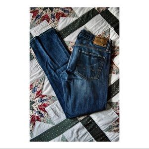 Dark-wash, distressed jeans